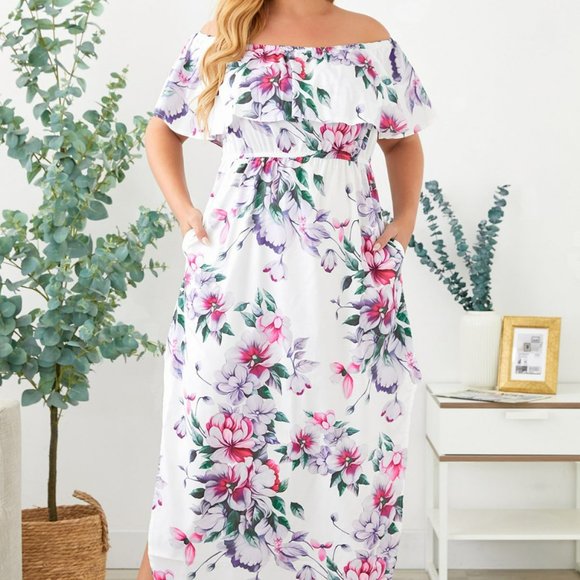 Off The Shoulder Floral Plus Size Maxi Dress - Picture 2 of 12
